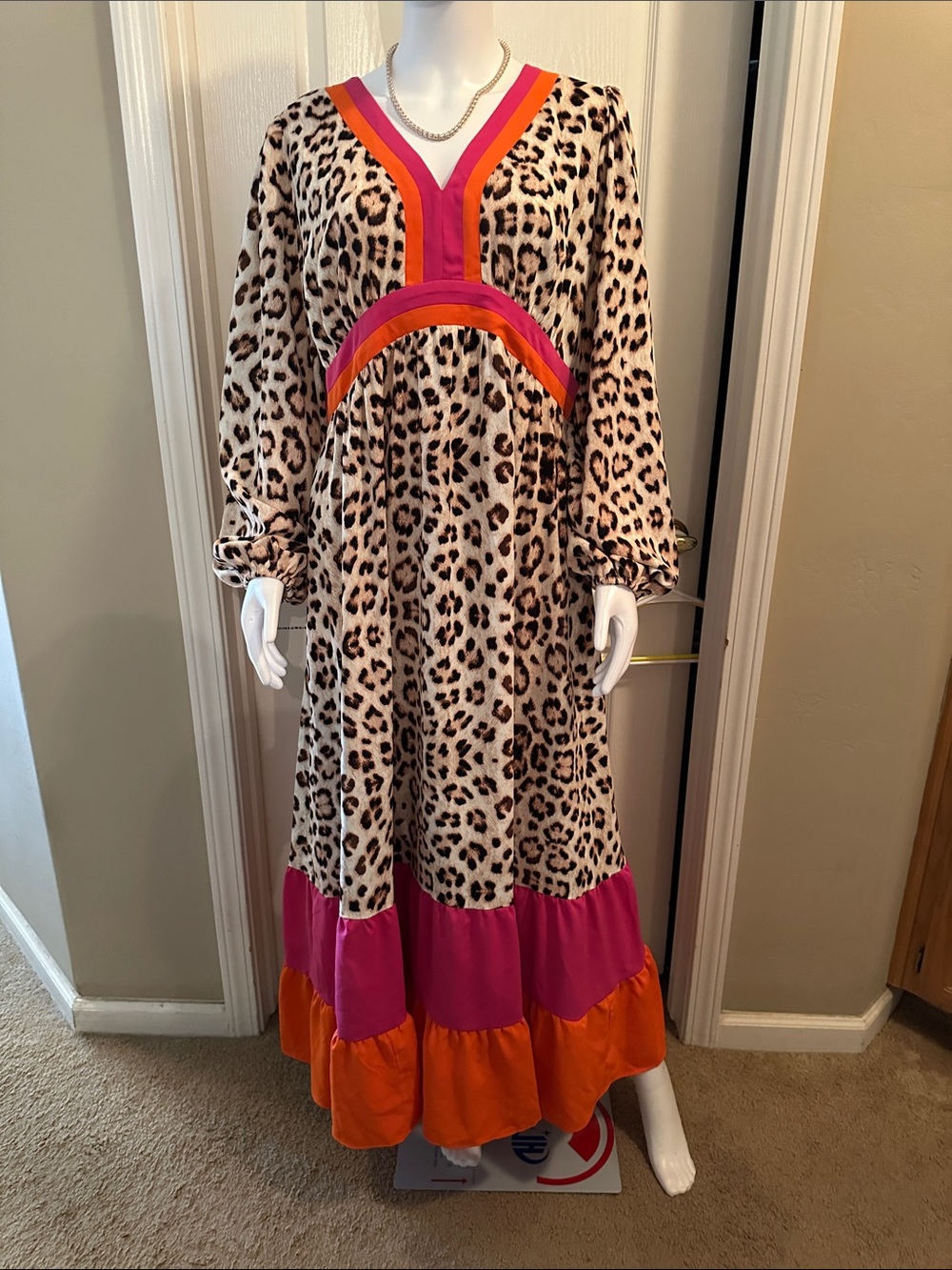 Leopard Print Maxi Dress with Pink & Orange Trim